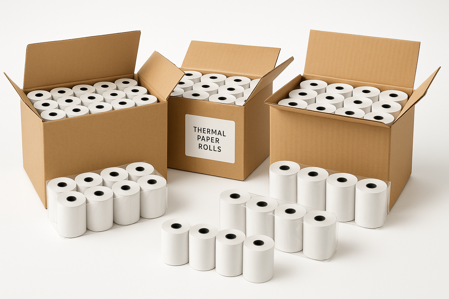 three Boxes of Thermal Paper Rolls - show some rolls in shrink-wrapped packages of 5